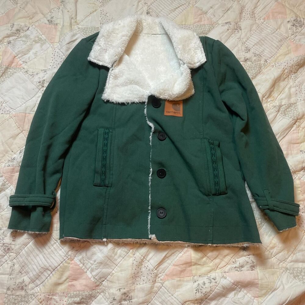 carhartt forrest green lightweight sherpa chore jacket white fur trim size large